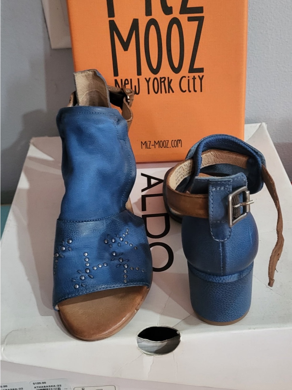 Miz Mooz Blue Leather Open-Toe Ankle Booties with Brown Strap